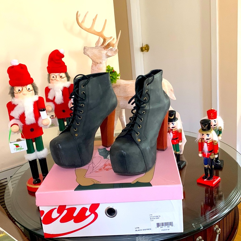 JEFFREY CAMPBELL LITA BLACK DISTRESS HI PLATFORM TIE BOOTIE